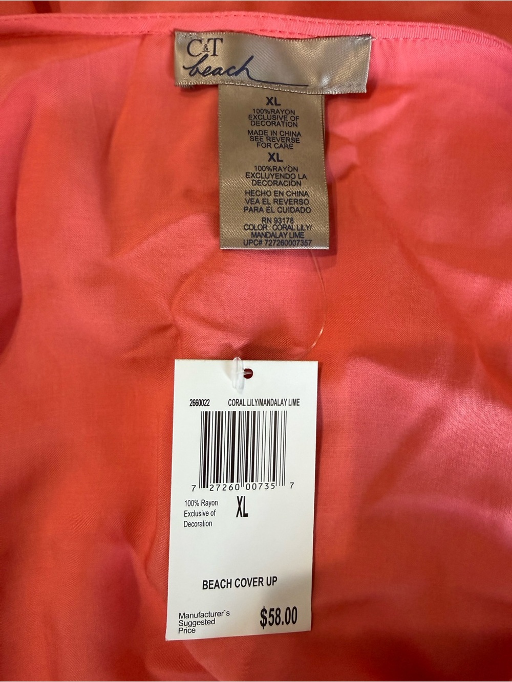 Coral Rayon Beach Cover-Up - XL